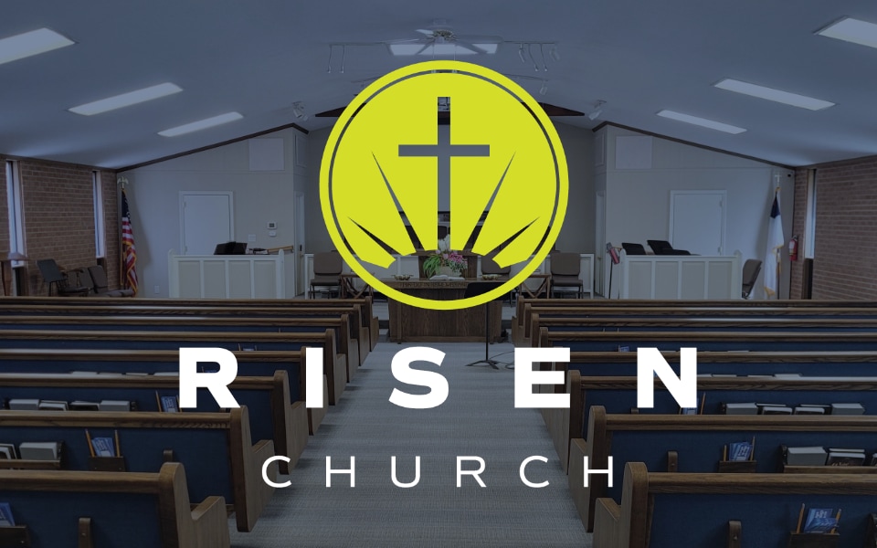 Risen Church sanctuary with logo overlay.